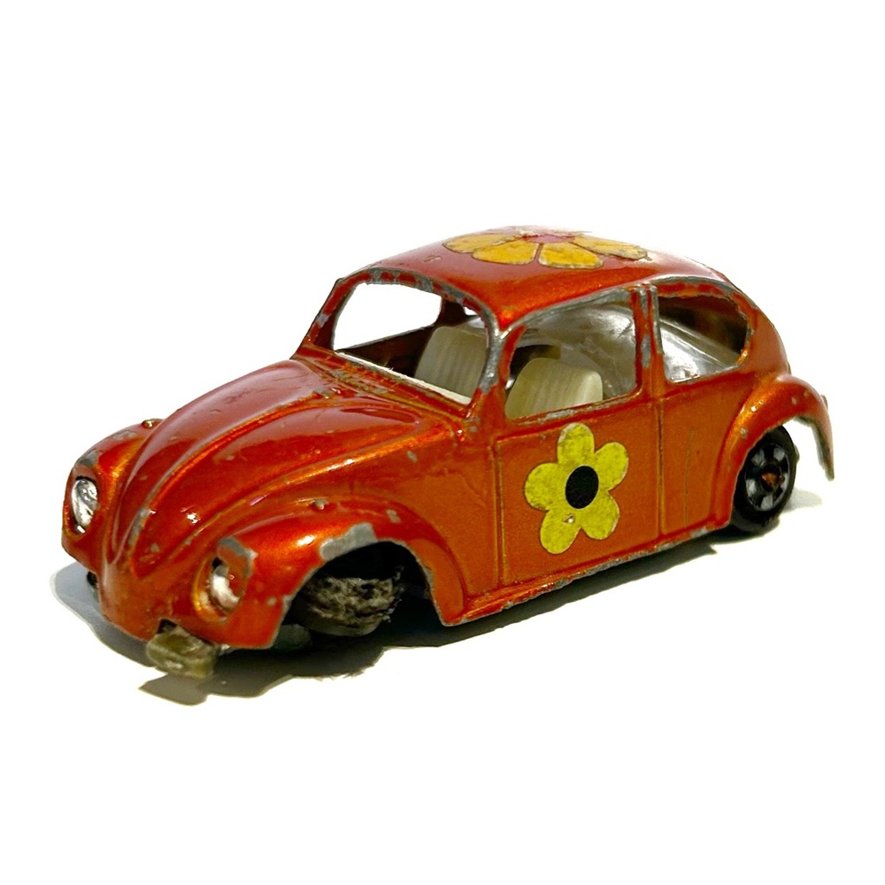 Vintage Zylmex Volkswagen Beetle Bug Die Cast Model Toy Car Orange Flower 1960s